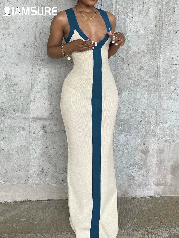 IAMSURE Holiday Sexy Contrast Color Striped Long Dress Slim Skinny V-Neck Sleeveless Maxi Dresses For Women 2023 Summer Fashion - Seprincess