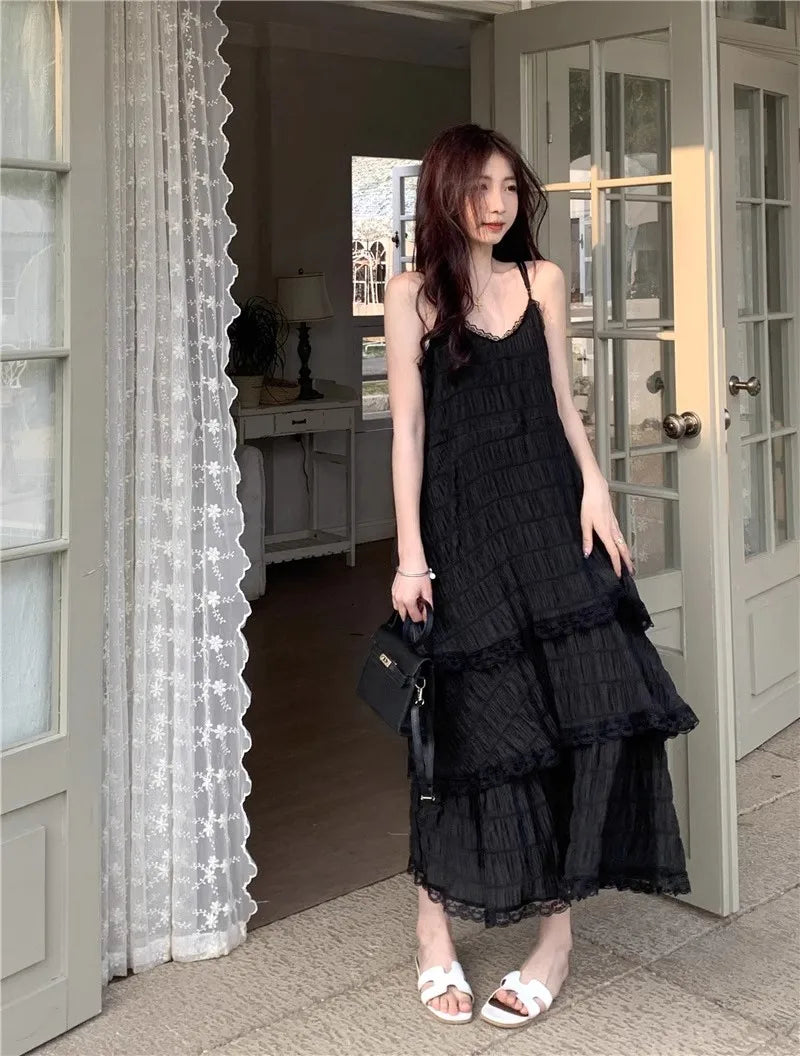 Summer Befree Long Vintage Casual Ruffles Elegant Maxi Strap Camis Silky Beach Lace Elegant Party Dress Vestidos Sexy Women - Seprincess