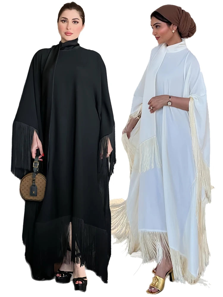 Eid Satin Luxury Green White Black Pink Khimar Tassel Butterfly Batwing Abaya For Women Islam Muslim Maxi Dress Kaftan Kebaya - Seprincess