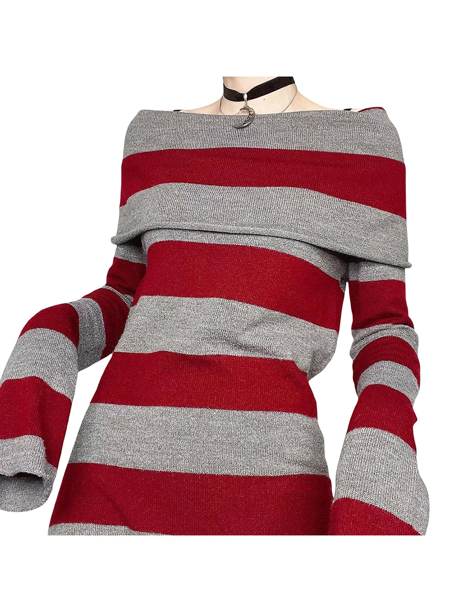 Women Y2K Knit Mini Dress Striped Long Sleeve Off Shoulder Bodycon Short Sweater Dress Trendy Night Club Streetwear - Seprincess