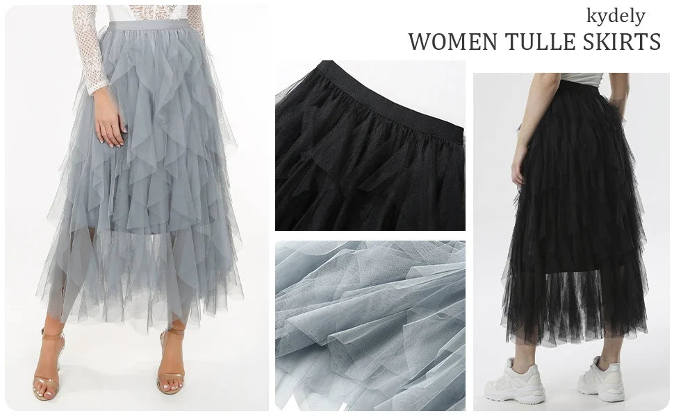 Tulle Skirts for Women Long Length Tutu Fairy Tiered Skirt A Line Mesh Elastic Waist Skirts Big Hem Black Gray Pink Beige Skirts - Seprincess