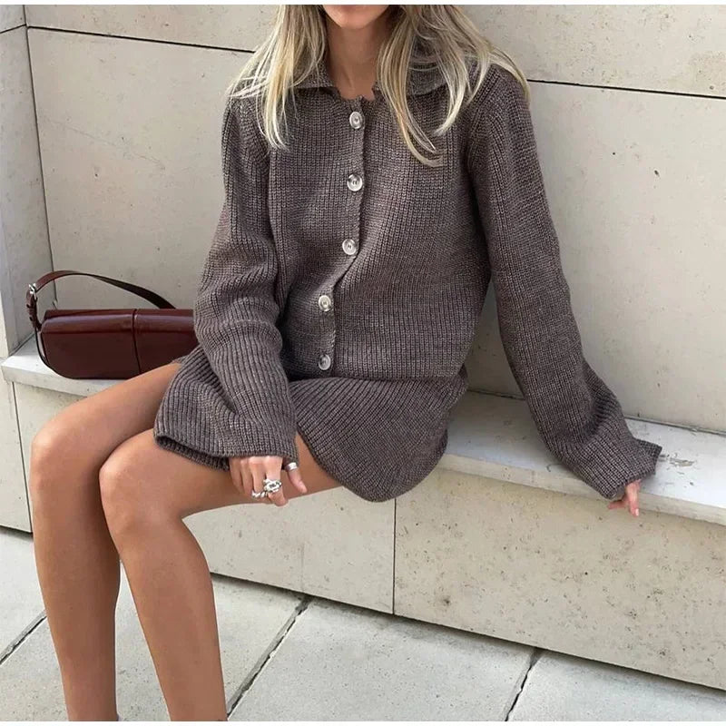 Fashion Brown Single Breasted Kint Cardigan Suit Chic Lapel Long Sleeve Mini Dress Outfit Early Autumn Lady Commuting Streetwear - Seprincess