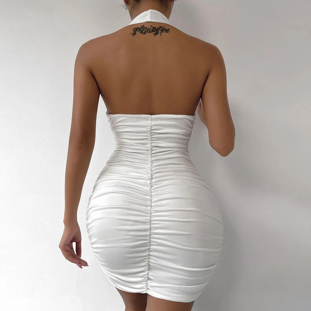 Fairyshely Sexy Ruffle V Deep Evening Party Dress 2024 Summer Short White Halter  Dresses Women Tight Club Mini Dress Clubwear - Seprincess