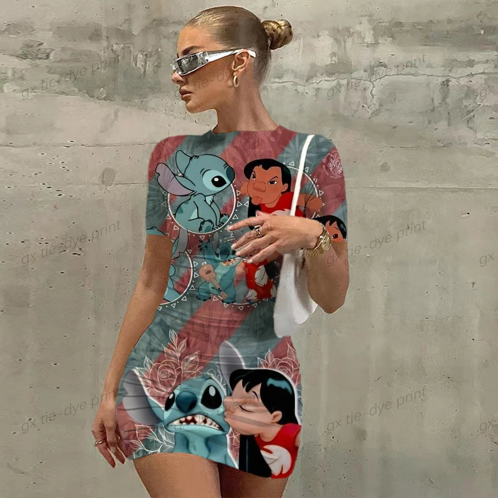 Elegant Women's Dress 2024 Top Sexy Slim Fit Lilo&Stitch Tight Women's Dress Casual Disney Cartoon Fashion Print Mickey 3XL - Seprincess