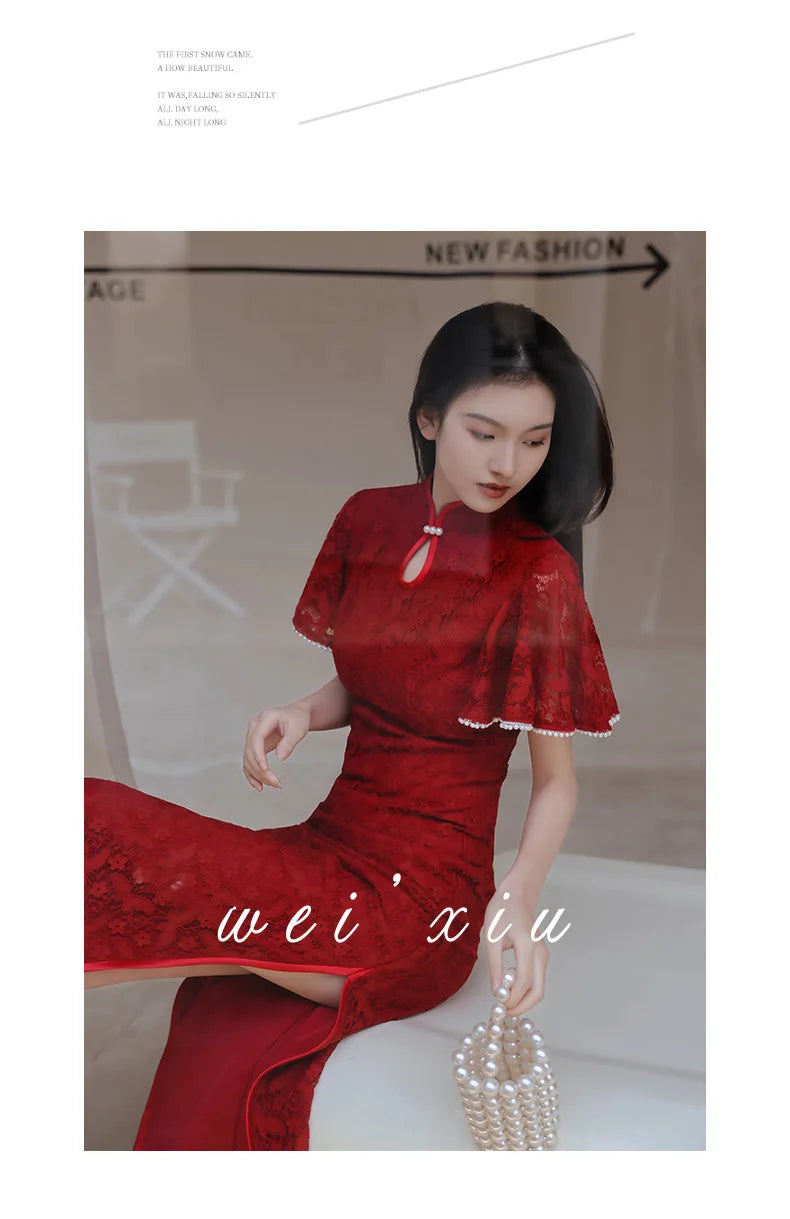 Red Cheongsam Chinese Women Lace Qipao Long Quipao Chinese Traditional Clostume Wedding Party Evening Dress Clothes - Seprincess