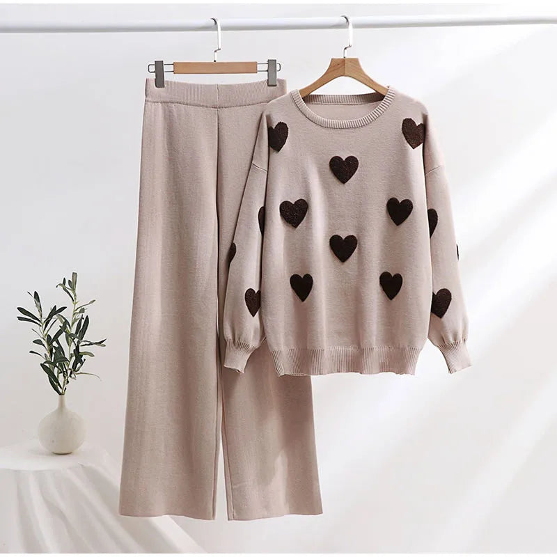 Casual Knitted Sweater Long Pants Woman's Set Loose Love Printed Pullover Sweaters High Waist Pant Sets Female Chic Outfits - Seprincess