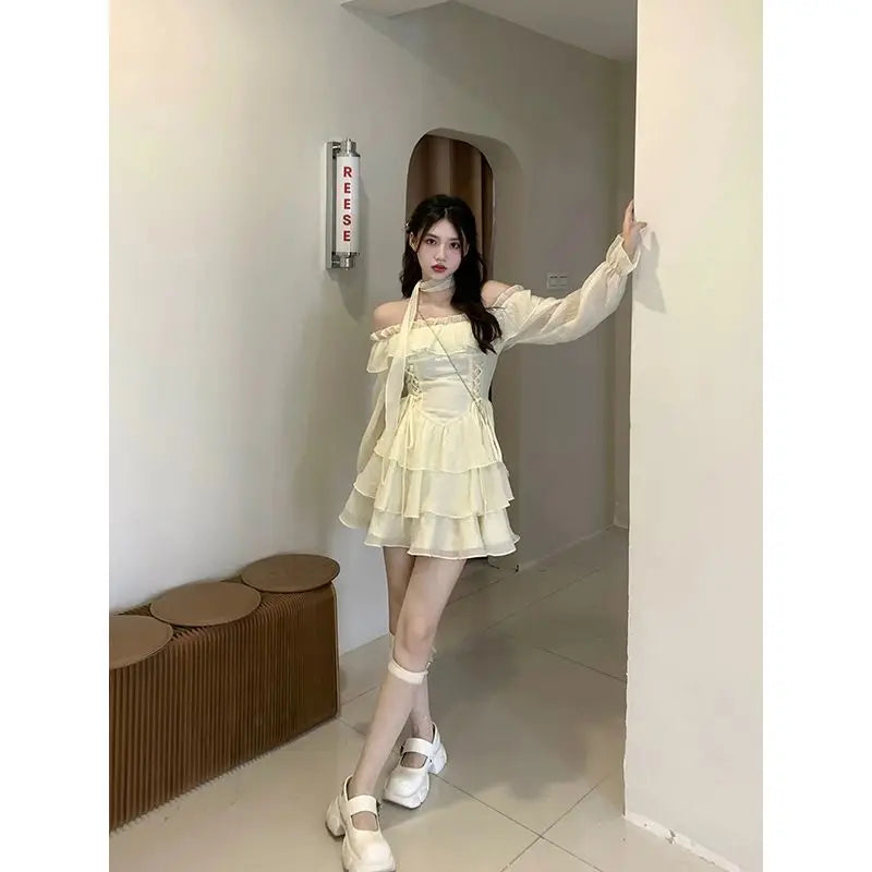 Long Sleeve Elegant Mini Dress Lolita Pure Color Short Party Dress Woman Casual 2023 Spring Sweet One Piece Dress Korean Fashion - Seprincess