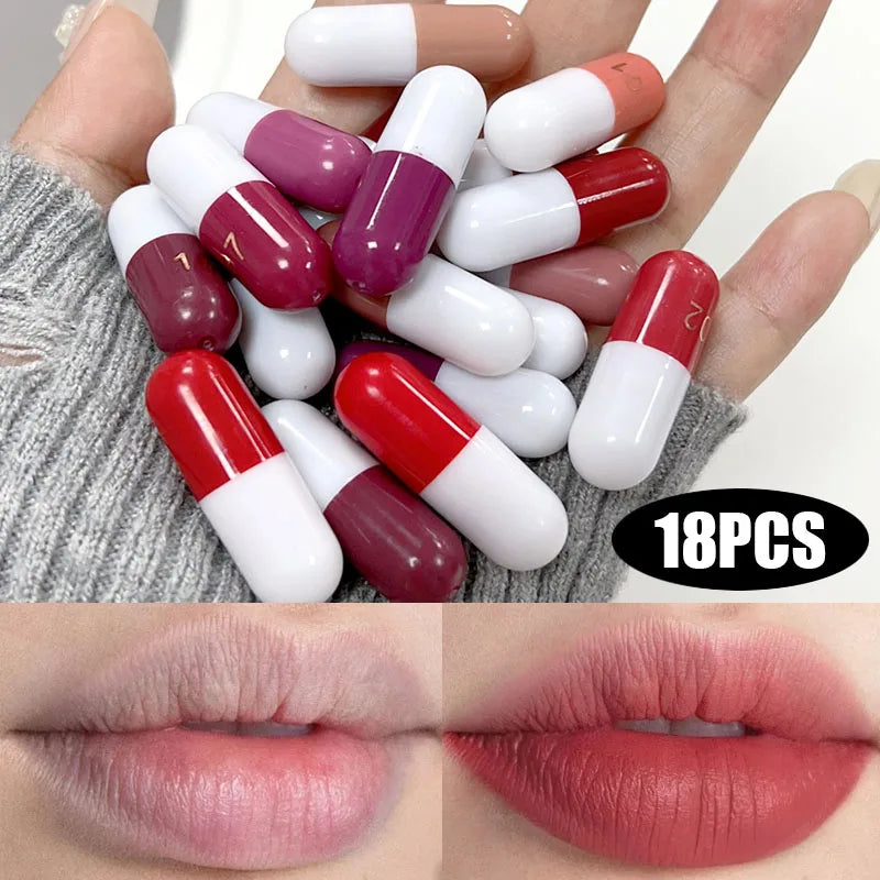 18-color Capsule Lipstick Set Waterproof Non-stick Cup Solid Lip Gloss Mini Long Lasting Matte Nude Lipstick Women Lips Makeup - Seprincess