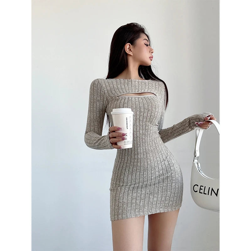 WOMENGAGA Chest Zipper Knitted Dress Elegant Women's 2024 Spring Slim Long Sleeve Wrapped Hip Mini Dress Sweater Tops 2024 D0DO