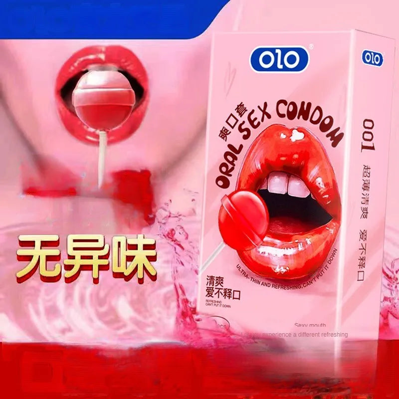 OLO 10Pcs Oral Sex Condoms with Strawberry Taste Safe Sex Penis Sleeve Condom Intimate Goods Tongue Sex Lick Dick Toys for Adult - Seprincess