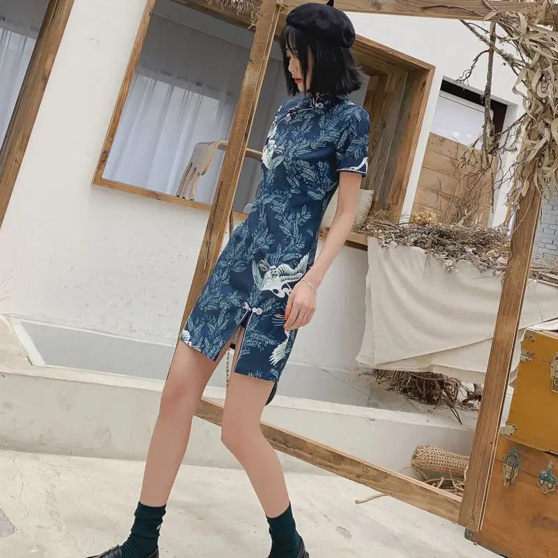 New Daily Improvement Cheongsam Dress 2024 Summer Short Sleeved Chinese Style Retro Young Style A-line Crane Print Dress Qipao - Seprincess