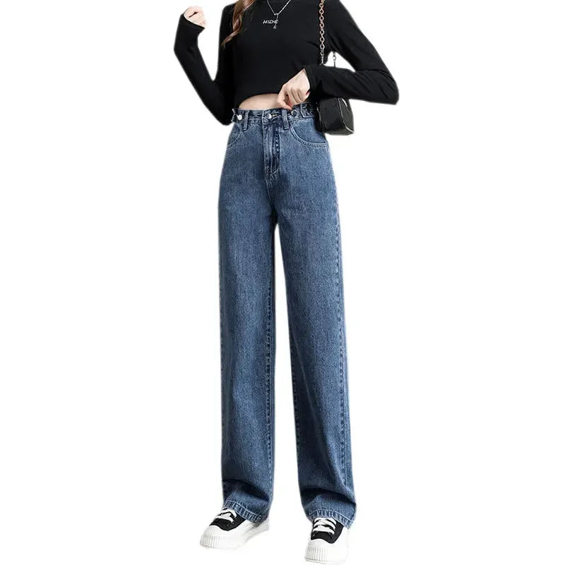 Multi-Button Wide-Leg Women's Jeans New Style Adjustable High-Waisted Straight-Leg Long Pants Loose Fit Niche Style