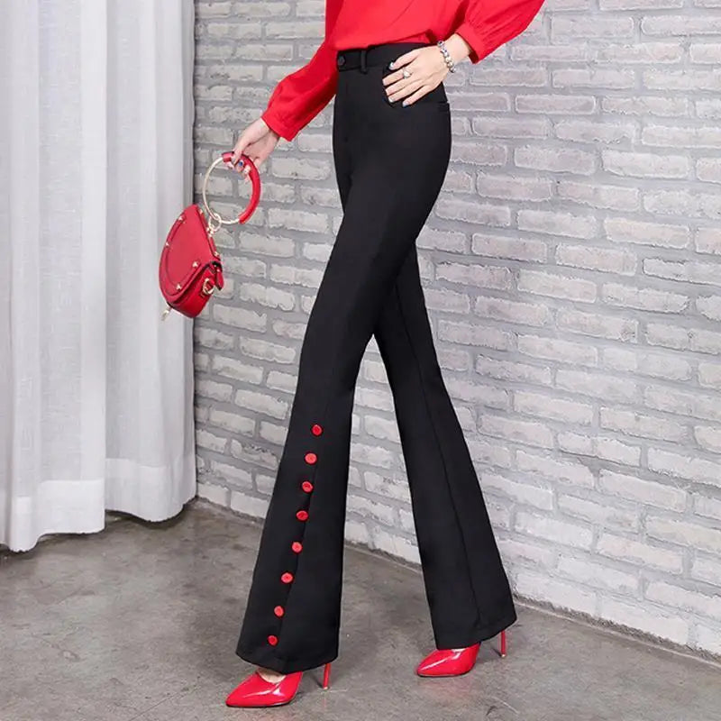 Summer Fashion Simple Slim Straight Flare Pants Women Solid High Waist Button Zipper Pocket Casual Versatile Elastic Trousers