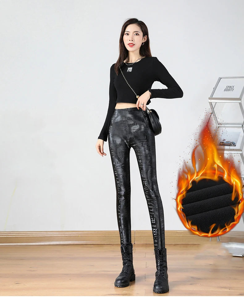 Autumn Winter Women Fleece Matte Leather Leggings High Quality Sheepskin High Waist Elastic PU Leather Pants Slim Sexy Leggings