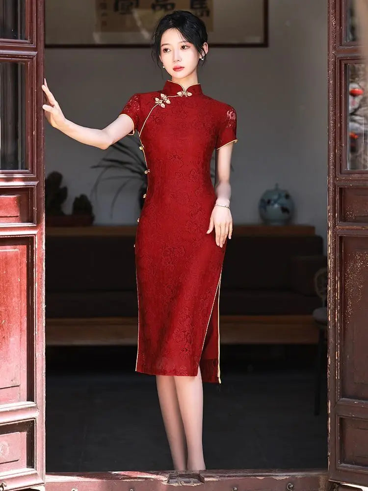 New Arrival Cheongsam Dress Red Jacquard with Improved Design Perfect for Wedding Bridal Party Banquet Dinner - Seprincess