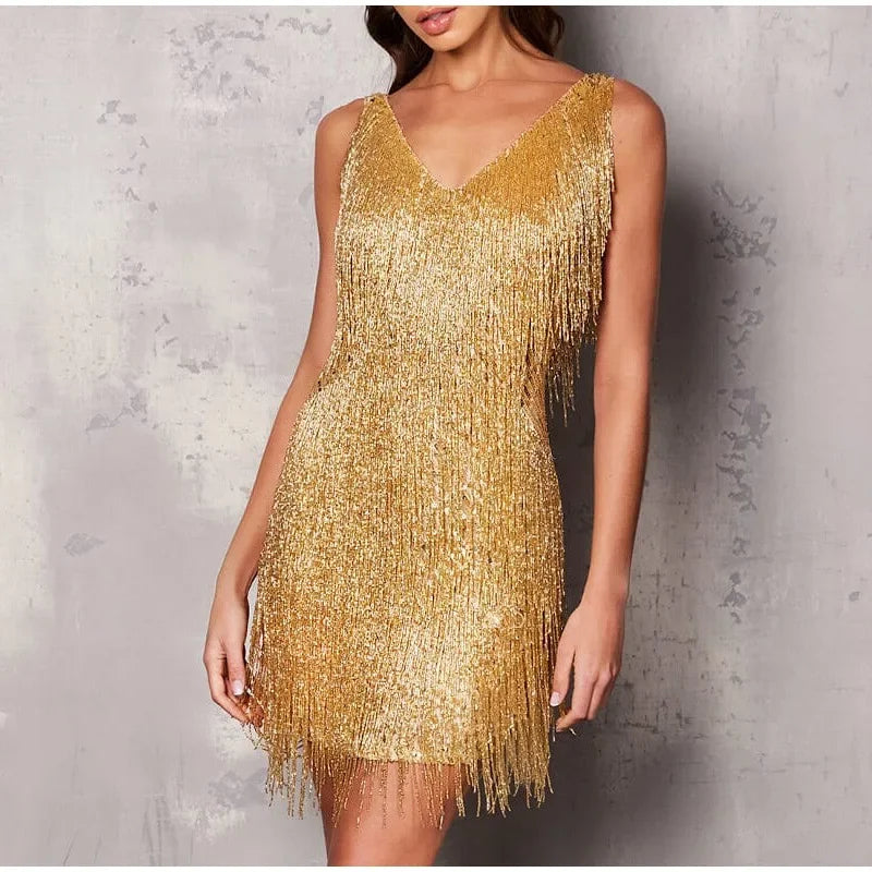 2024 Sexy Women's Fringed Sequin Feather Stitching Dress Summer Slim V-Neck Off Shoulder Dresses Female Backless Slip Mini Robe - Seprincess