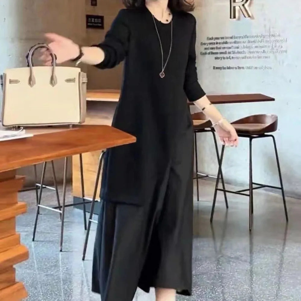 Women's Lyrical Party Dresses Long Sleeve Fake Two Piece Dress Round Neck Pure Black Skinny Casual Business Office Streetwear - Seprincess