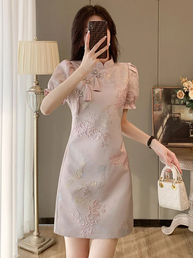 Chinese Style Elegant Cheongsams Dress Summer Women Vintage Floral Embroidery Qipao Mini Dress Lady Chic Tassels Slim Vestidos - Seprincess