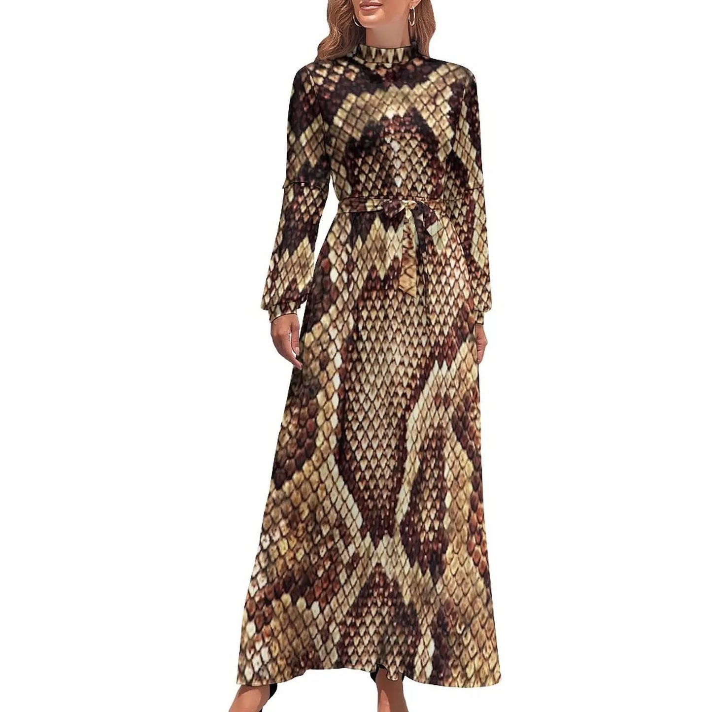 Vintage Snake Skin Print Dress  Kawaii Design Maxi Dress High Waist Long-Sleeve Casual Beach Long Dresses - Seprincess