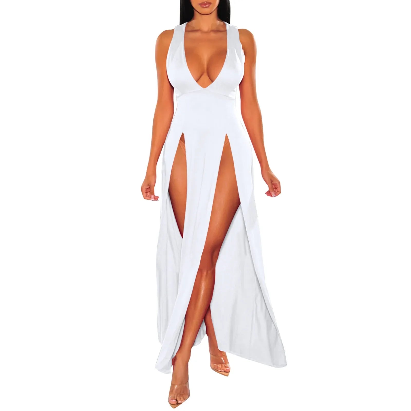 Sexy Lingerie Porno Exotic Dresses Deep V-Neck Sleeveless Double Slit Perspective Suspender Sexy Honeymoon Plus Size Vestidos - Seprincess