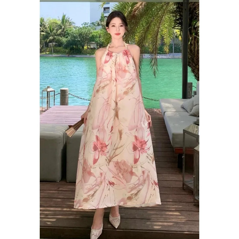 2024 Women Long Summer Floral Sundress Halter Elegant Fairy Grunge Holiday Dress New Honeymoon Vacation Party Night Dresses - Seprincess