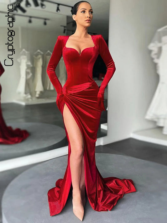 Cryptographic Elegant Gown Long Dress Evening Club Outfits for Women Gloves Sleeve Velvet Sexy Slit Maxi Dresses Ruched Dresses - Seprincess