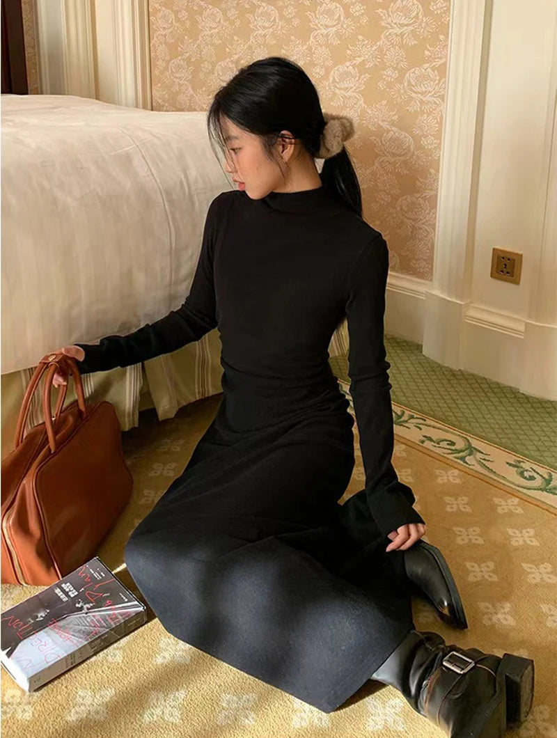 Autumn Half Turtleneck Dress Women Korean Elegant Black Hepburn Style Midi Dress Y2K High Waist Long Sleeve Warm A Line Vestidos - Seprincess