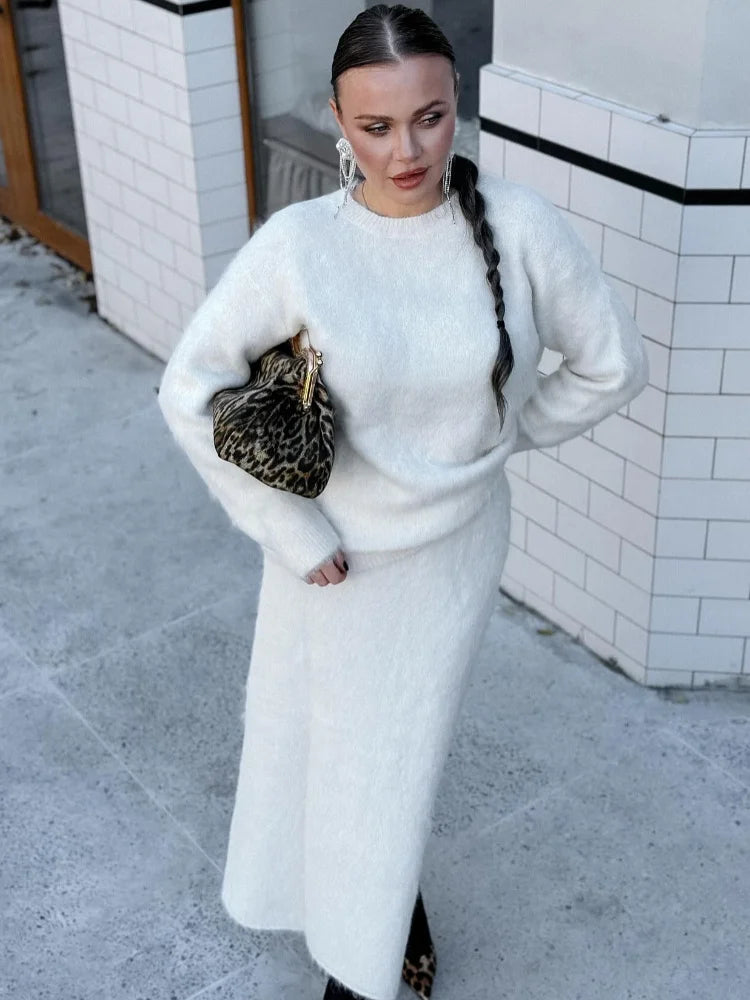 Fashion Solid Mohair Knit Long Skirt Sets Women O Neck Full Sleeves Pullover Sweater Autumn Female High Street Commute Outfits - Seprincess