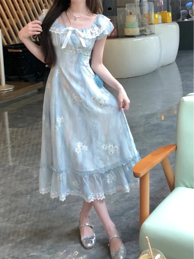 Kawaii Japanese dress lolita y2k Sweet Blue Floral Dress Women Casual Evening Party One Piece Dress Korean Fashion Summer 2024 - Seprincess