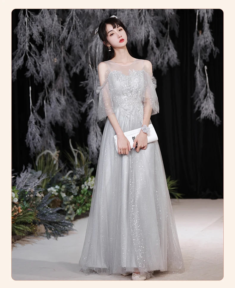 Temperament grey bridesmaid dress 4 Styles Applique Sisters Group Graduation Evening Dresses Simple Wedding Female Guest Dress - Seprincess