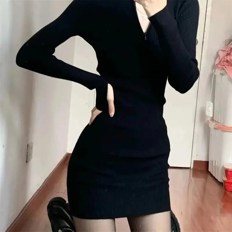 Long Sleeve Dresses for Women Black Sexy Club Bodycon Mini Dress Y2k High Waist Ladies Korean Short Dress Basic Autumn Winter - Seprincess