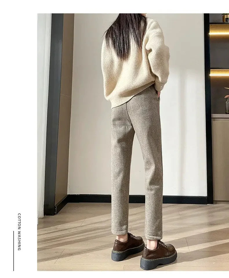 Winter Woolen Pants for Women Thicken Warm Ankle-Length Harem Pants Office Lady Khaki Elastic Waist Fashion Women's Trousers