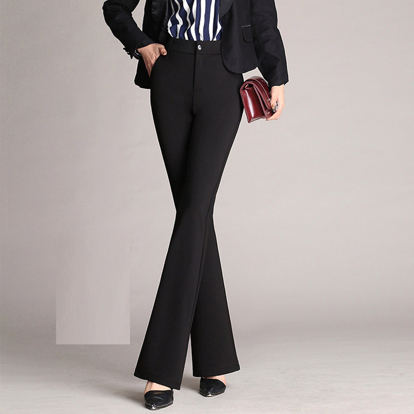 Autumn and Winter Women Pockets High Waist Solid Straight-leg Pants Long Trousers Flared Pants