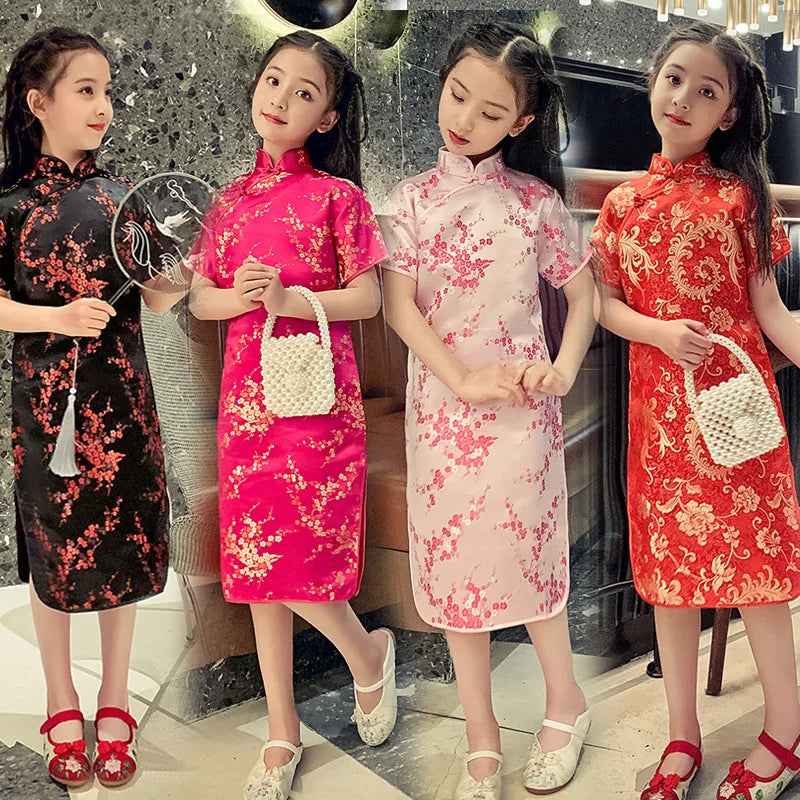 Classical Chinese Style Qipao Children Cheongsam Silk Brocade Princess Dress Baby Girl Print Cheongsams Handmade Button Clothing - Seprincess