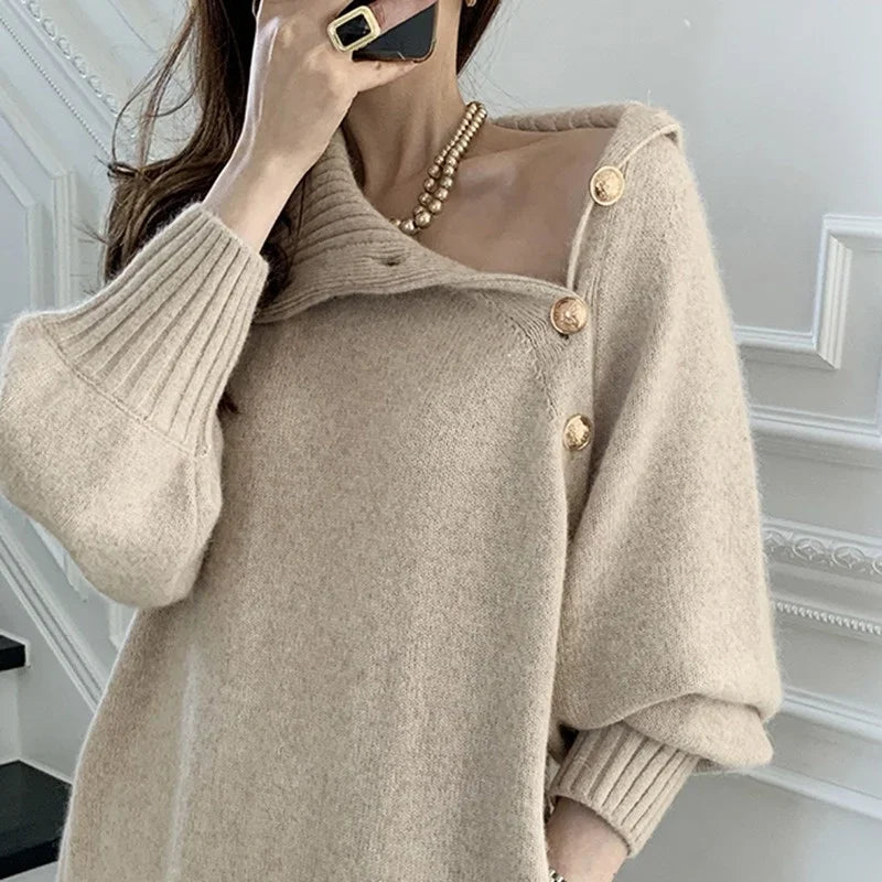 Winter Turtleneck Buttons Women Knitted Dress Elegant Full Sleeve Lace-up Female Thicken Long Dress for Sweater Autumn New - Seprincess