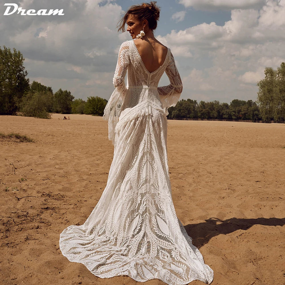 DREAM V Neck Flare Sleeves Lace Wedding Dresses for Women  Long Ruffles Tassels Bride Dress Backless Vintage Outfit Bridal Gown - Seprincess