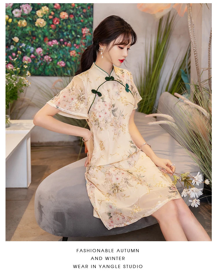 New Style Summer Improved Chiffon Cheongsam Women' Elegant Chinese Traditional Short Sleeve Qipao Dress Modern - Seprincess