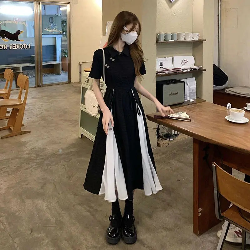 2023 New Chinese Style Dress Balck Qipao Elegant White Black Patchwork Cheongsams Youth Girl Vestidos Long Dresses Qipao - Seprincess