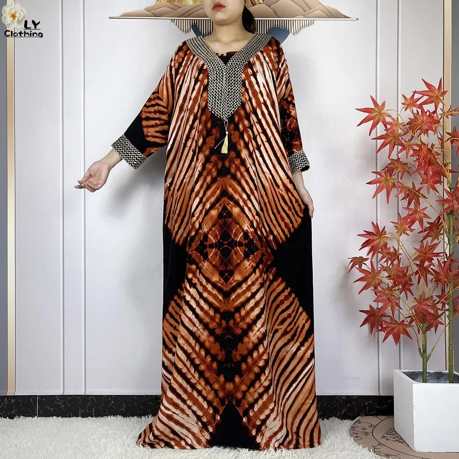 2024New Dubai Party Dress Muslim Femme Long Sleeves Printing Sequins Loose Boubou Maxi Islam Women Cotton African Abaya Clothing - Seprincess