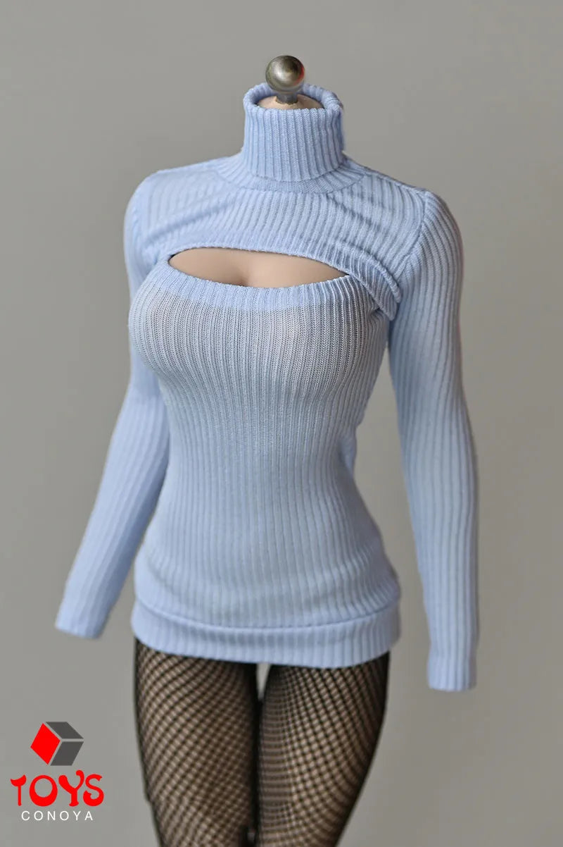 1/6 Scale Female Sweater Slim Elastic High Neck Knit Pullover Sexy Open Chest Tops Mini Sweater Dress for 12" Action Figure - Seprincess