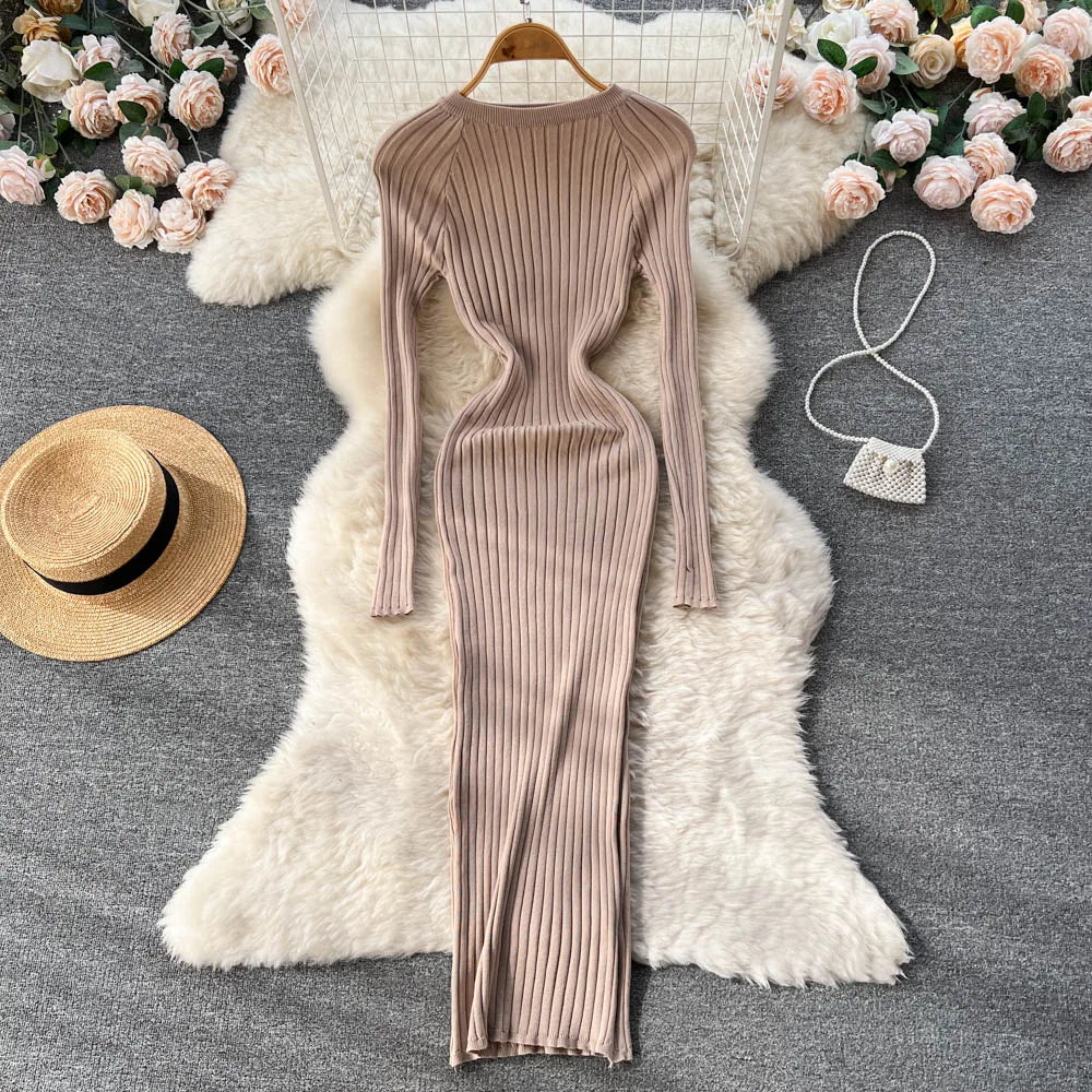 SINGREINY Winter Women Knit Maxi Dress O Neck Autumn Long Sleeve Slim Solid Harajuku Ladies Fashion Pencil Sweater Long Dresses - Seprincess