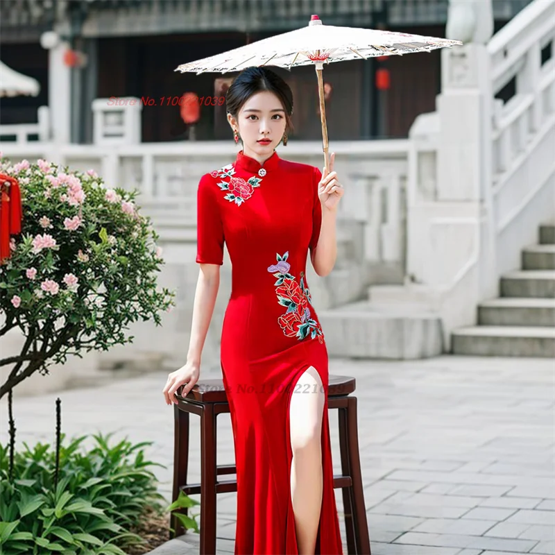 2024 chinese vintage qipao velvet dress mandarin collar improved cheongsam flower embroidery evening banquet qipao folk dress - Seprincess