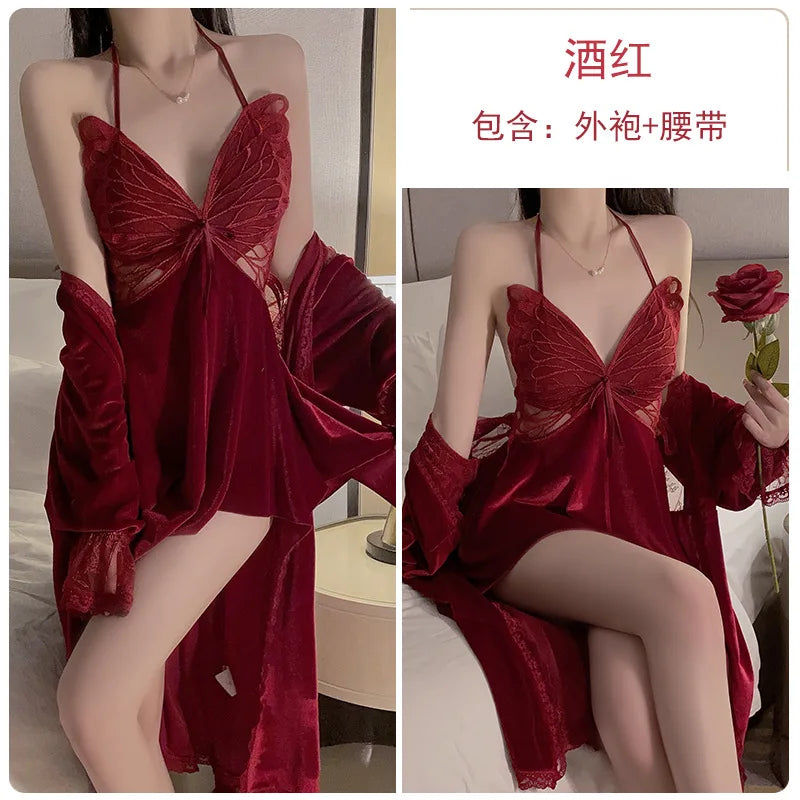 Sweet Velvet Irregular Dress Mature Charm Elegant Gentle Butterfly Chest Cup With Chest Pads Hanging Neck Dress Outer Robe CAY8 - Seprincess