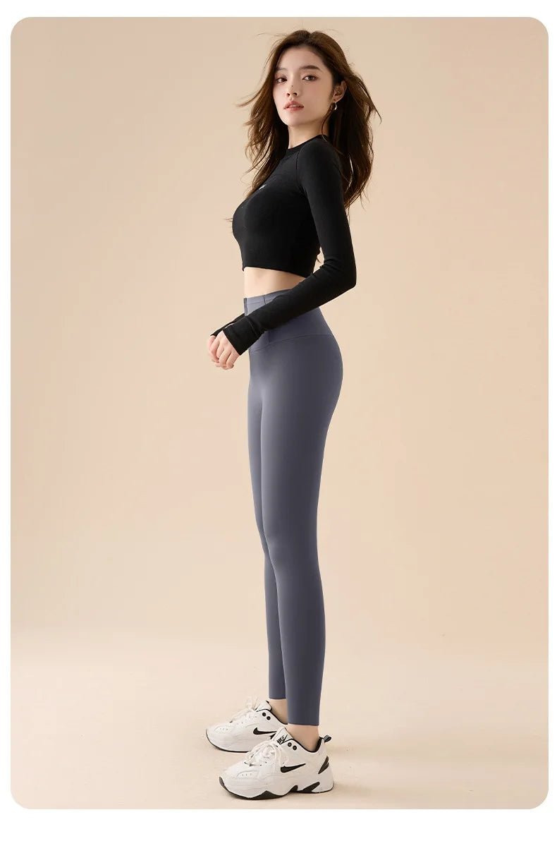 BIVIGAOS Fall Winter Fleece Thick Breasted Zipper Sharkskin Leggings Women's Waist Shaping Tight Sports Leggings Warm Pants