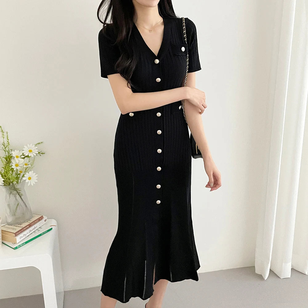 Summer Midi Dress Women Knitted Black Bodycon Korea Style Ruffle Ladies Dresses Elegant Fashion Casual Woman Dress 2024 - Seprincess