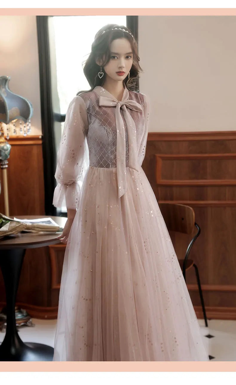 Autumn Winter Bridesmaid Dress New Women's Long Sleeve Corduroy Lace Splicing Style Dress Wedding Sisters Group Evening Dresses