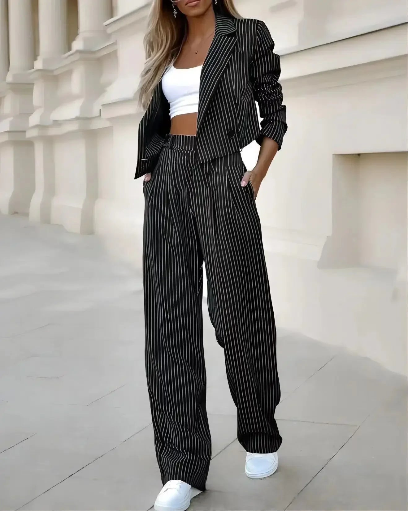 Mandylandy Casual Striped Suits Women Outfits Summer Short Style Lapel Suit Trousers Stripe Blazer Coats Straight-Leg Pants Suit - Seprincess