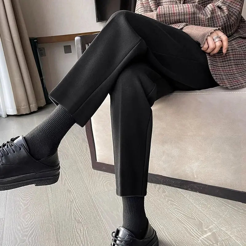 Simplicity Autumn Women Woolen Suit Pants Solid Pockets Button Elastic High Waist Fashion Straight Thicken Ankle Length Trousers