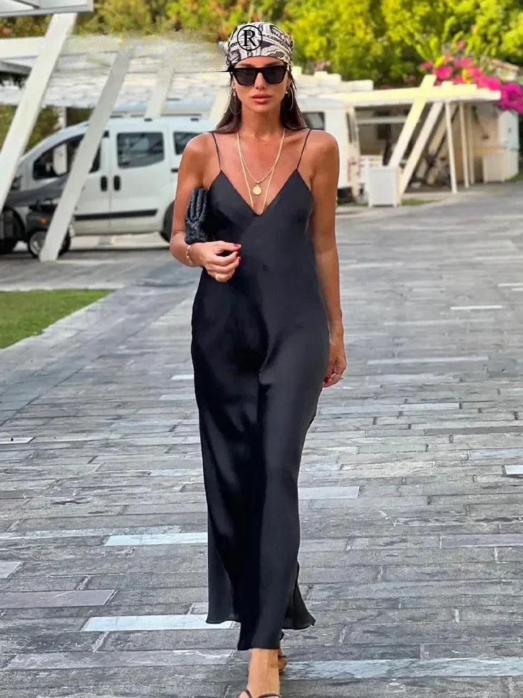 2024 Women Vintage Solid V Neck Sleeveless Backless Dress Female Summer Slim Long Dresses Elegant Evening Dress TRAF - Seprincess