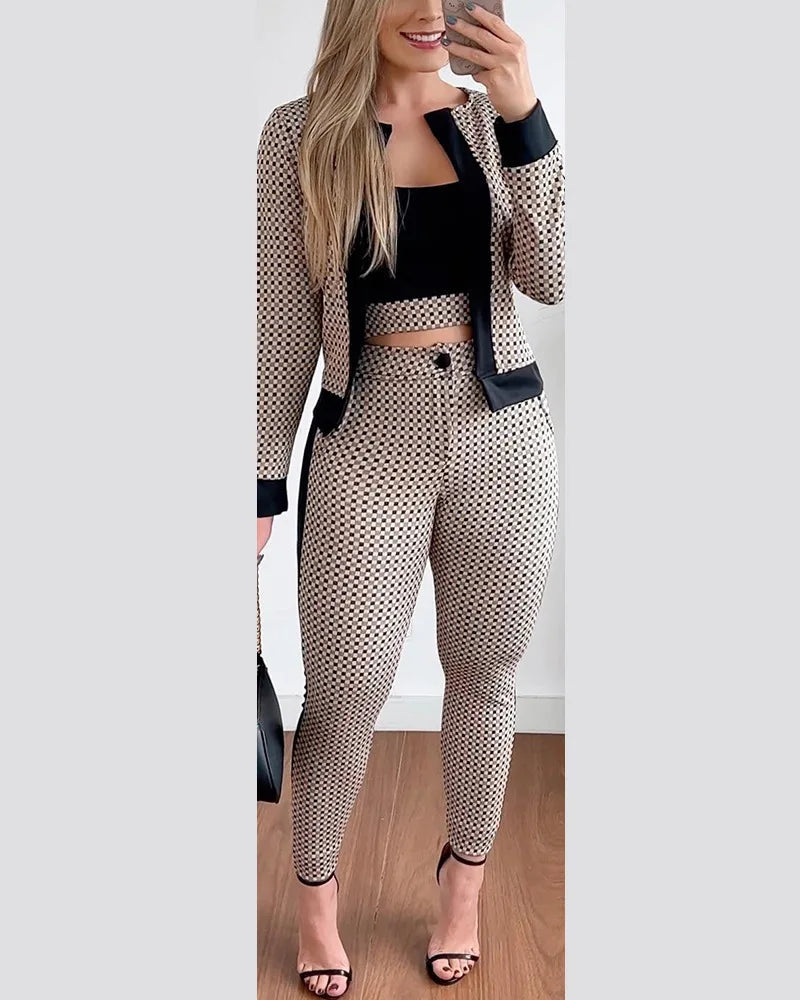 Sets Outifits Women 2024 Spring Autumn 3 Piece Set Plaid Print Crop Top & Pants Set With Coat Fashion Casual Elegant Female Set - Seprincess